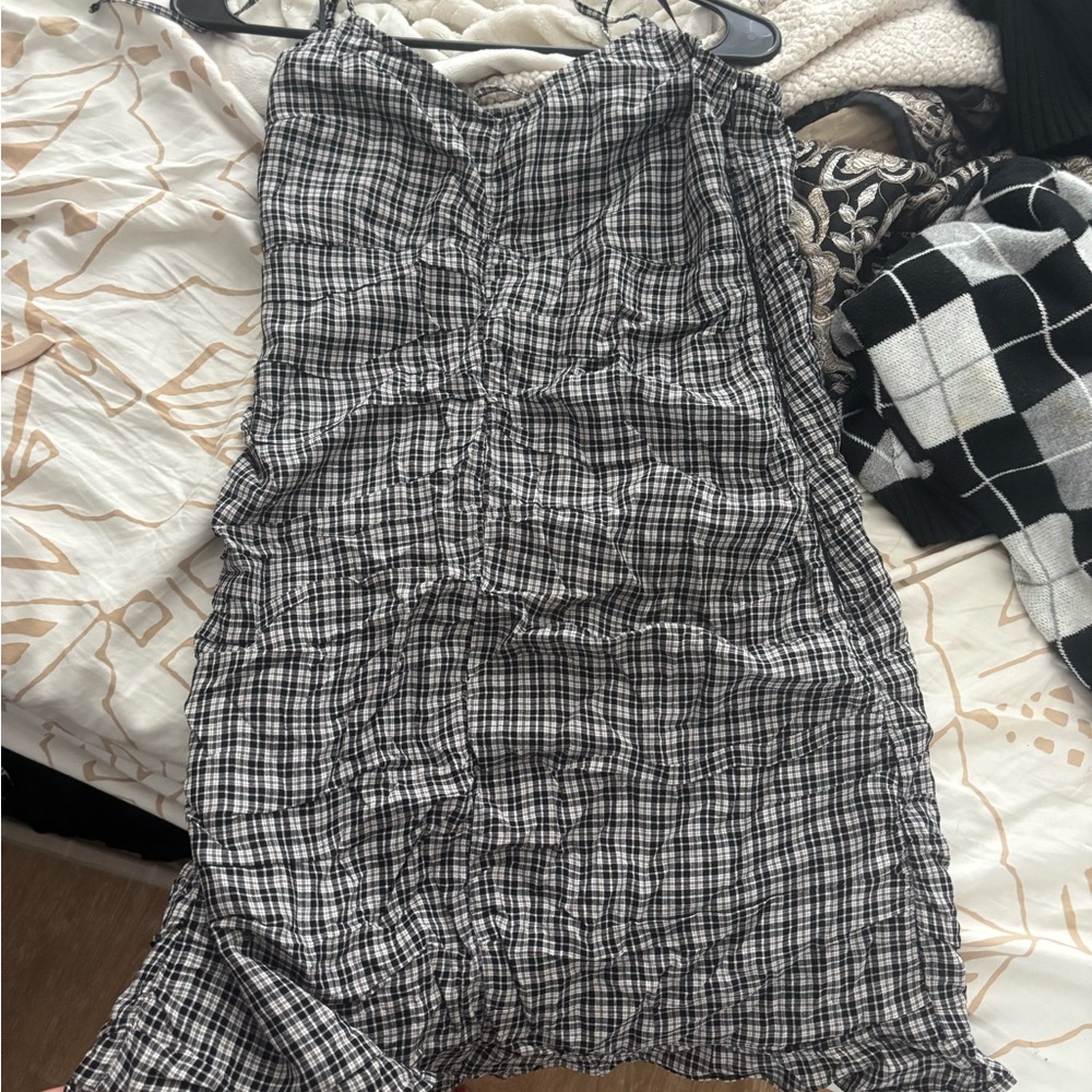 Ruched Black and White Checkered Women's Dress